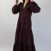 Ivy + Jack Remi Raisin Cotton LS Frill V Neck Maxi Shirt Dress Fashion