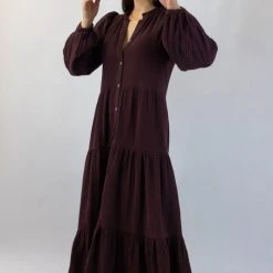 Ivy + Jack Remi Raisin Cotton LS Frill V Neck Maxi Shirt Dress Fashion