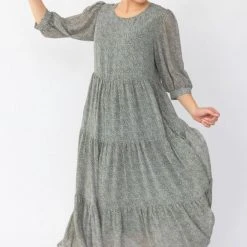 Among The Brave Lucid Khaki Ditsy Print Puff Sleeve Tiered Maxi Dress