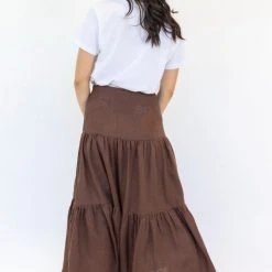 Among The Brave Fashion Blazing Chocolate Tiered Linen Midi Skirt