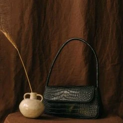 Brie Leon Camille Black Croc Recycled PU Shoulder Bag Accessories