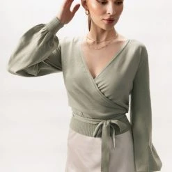 Among The Brave Cross My Heart Mint Green Relaxed Balloon Sleeve Ballerina Knit