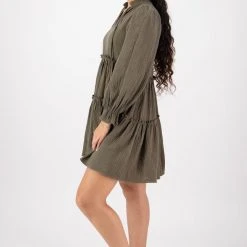 Ivy + Jack Billie Khaki Cotton LS Frill V Neck Tiered Mini Dress