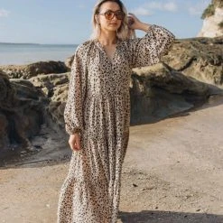 Among The Brave Aida Natural Animal LS Puff Sleeve Button Front Tiered Maxi Dress Fashion