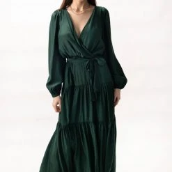 Among The Brave Twilight Forest LS Tiered Satin Maxi Dress Fashion