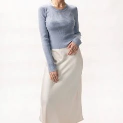 Among The Brave Inspired Soft Blue LS Rib Knit Cropped Crew Neck Top