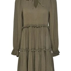 Ivy + Jack Billie Khaki Cotton LS Frill V Neck Tiered Mini Dress