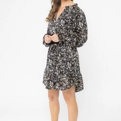 Seeking Lola Inspire Black Floral LS Frill Hem Shift Dress