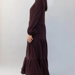 Ivy + Jack Remi Raisin Cotton LS Frill V Neck Maxi Shirt Dress Fashion
