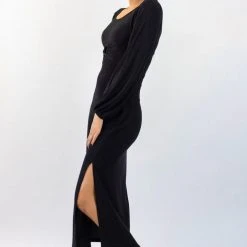 Among The Brave New Moon Black Shimmer LS Puff Sleeve Ring Midi Dress