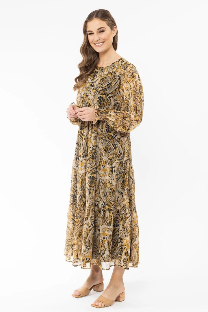 Seeking Lola Day Dream Golden Paisley LS Tiered Midi Dress Fashion 4 Seeking Lola Day Dream Golden Paisley LS Tiered Midi Dress Fashion