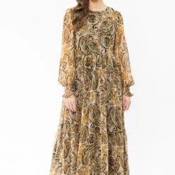 Seeking Lola Day Dream Golden Paisley LS Tiered Midi Dress Fashion