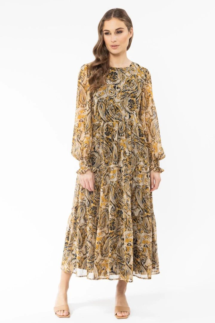 Seeking Lola Day Dream Golden Paisley LS Tiered Midi Dress Fashion 3 Seeking Lola Day Dream Golden Paisley LS Tiered Midi Dress Fashion