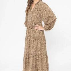 Seeking Lola Composed Tan Leopard Mid Sleeve Frill V Neck Tiered Midi Dress Fashion