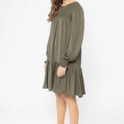 Billie The Label Hug Me Khaki Satin Shirred LS Mini Dress