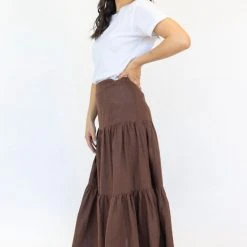 Among The Brave Fashion Blazing Chocolate Tiered Linen Midi Skirt
