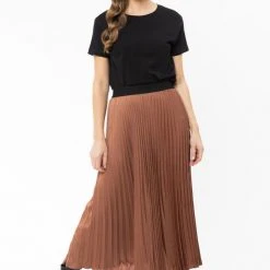 Billie The Label Fashion Sunray Rust Satin Pleated Midi Skirt