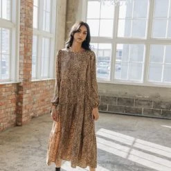 Ivy + Jack Gigi Tan Mini Satin Leopard Blouson LS Tiered Maxi Dress