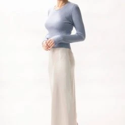 Among The Brave Inspired Soft Blue LS Rib Knit Cropped Crew Neck Top