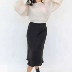 Ivy + Jack Ivy Black Washer Satin Midi Bias Skirt