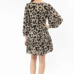 Seeking Lola Miraculous Khaki Leopard Mid Sleeve Smock Dress