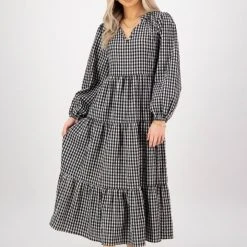 Ivy + Jack Fashion Kendall Black Check Blouson LS V Neck Tiered Midi Dress
