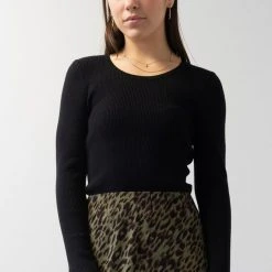 Ivy + Jack Radiant Black LS Rib Knit Crew Neck Top Fashion
