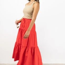 Ivy + Jack Fashion Divine Blood Orange Poplin Tiered Elastic Waist Midi Skirt
