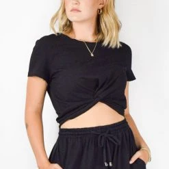 Among The Brave Fashion Dizzy Black Twist Front Cotton Knit Tee