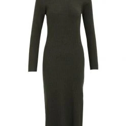 Ivy + Jack Fashion Dynamic Khaki Marle LS Rib Knit Crew Neck Midi Dress