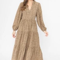 Seeking Lola Composed Tan Leopard Mid Sleeve Frill V Neck Tiered Midi Dress Fashion