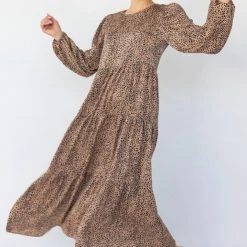 Ivy + Jack Gigi Tan Mini Satin Leopard Blouson LS Tiered Maxi Dress