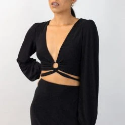 Among The Brave Full Moon Black Shimmer LS Puff Sleeve Plunge Ring Crop Top