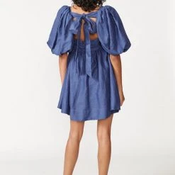 Aureta Lacey Puff Sleeve Midnight Blue Mini Dress