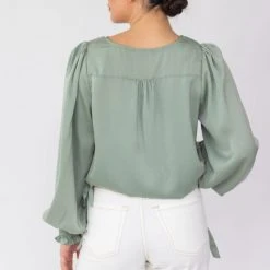 Among The Brave Fashion Violet Sea Foam LS Shirred Cuff Tie Hem Satin Top