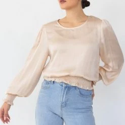 Among The Brave Pure Sand Puff Sleeve Shirred Blouse Fashion