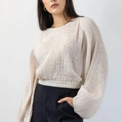 Ivy + Jack Fashion Carly Ecru Shirred LS Raglan Elastic Hem Crop Top