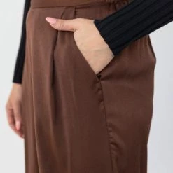 Among The Brave Fashion Passion Chocolate Satin Flat Front Stretch Back Wide Leg Pant