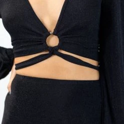 Among The Brave Full Moon Black Shimmer LS Puff Sleeve Plunge Ring Crop Top