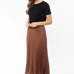 Billie The Label Fashion Sunray Rust Satin Pleated Midi Skirt
