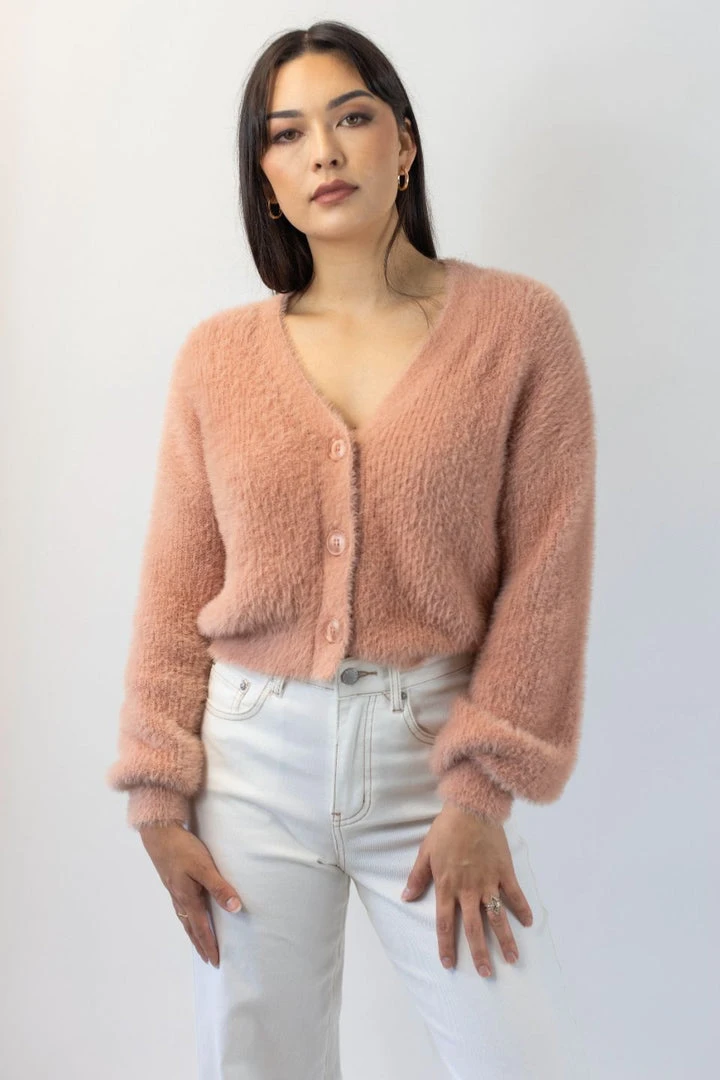 Among The Brave Fashion Tender Toffee Eyelash Yarn Blouson Sleeve Knit Cardigan 5 Among The Brave Fashion Tender Toffee Eyelash Yarn Blouson Sleeve Knit Cardigan