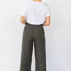 Among The Brave Freedom Dark Khaki Flat Front Deep Waistband Wide Leg Linen Pant Fashion