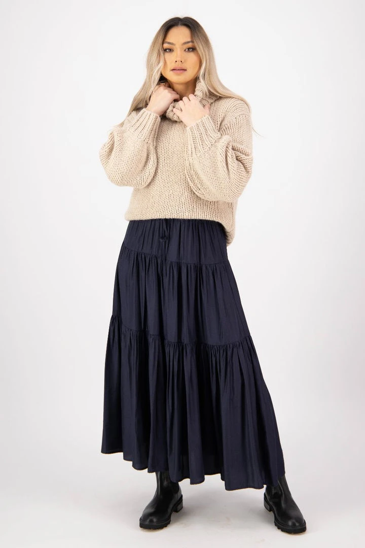 Among The Brave Fashion Sensational Navy Tiered Satin Tie Waist Maxi Skirt 3 Among The Brave Fashion Sensational Navy Tiered Satin Tie Waist Maxi Skirt