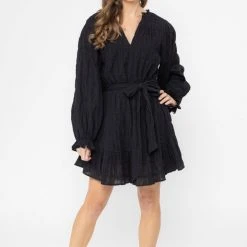 Seeking Lola Inspire Black Texture LS Frill Hem Shift Dress Fashion