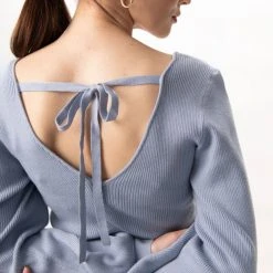 Among The Brave Home Coming Soft Blue Tie Back V Neck Balloon Sleeve Knit Top