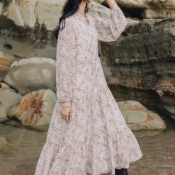 Ivy + Jack Fashion Remi Natural Animal LS Frill V Neck Maxi Shirt Dress