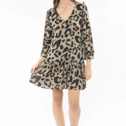 Seeking Lola Miraculous Khaki Leopard Mid Sleeve Smock Dress