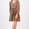Ivy + Jack Elsa Peach Leopard Satin V Neck Mid Sleeve Smock Dress Fashion