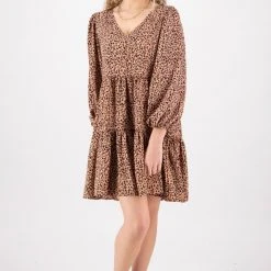 Ivy + Jack Elsa Peach Leopard Satin V Neck Mid Sleeve Smock Dress Fashion