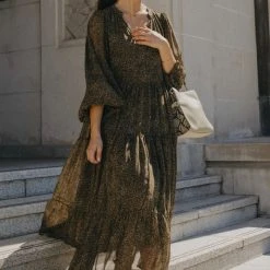 Ivy + Jack Fashion Kendall Khaki Ditsy Blouson LS V Neck Tiered Midi Dress